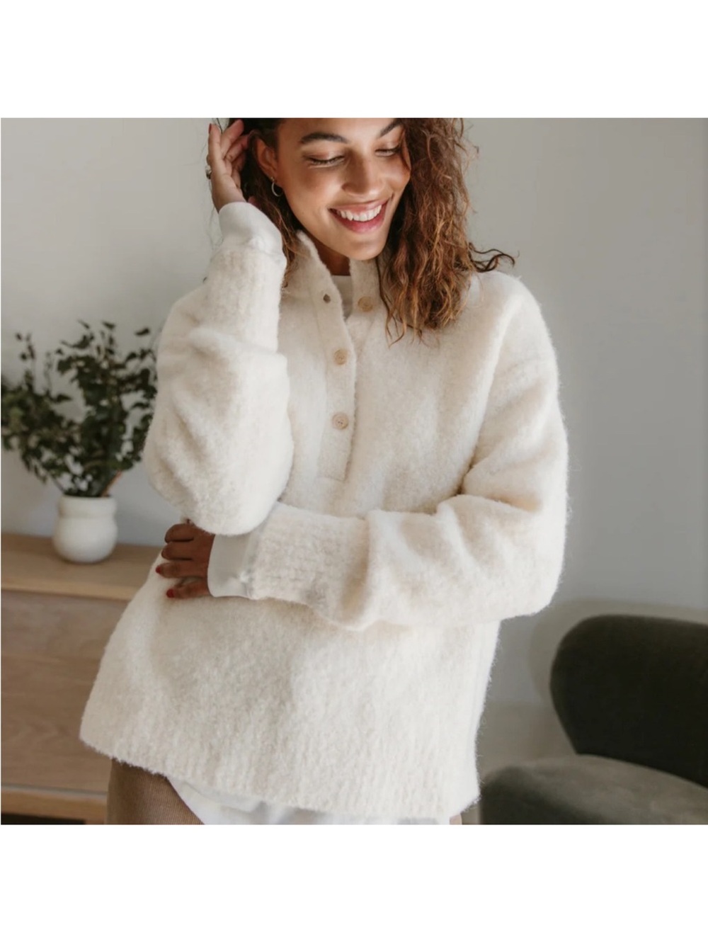 Jenni Kayne Boucle Button Pullover Alpaca Ivory Medium EUC